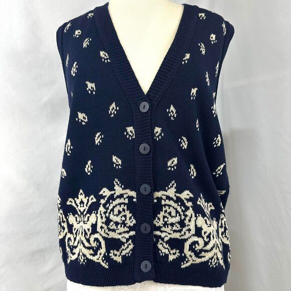 VTG 90s PANTHER Navy Cream Fair Isle Knit Sweater Vest Womens M Fisherman Indie - Picture 1 of 6